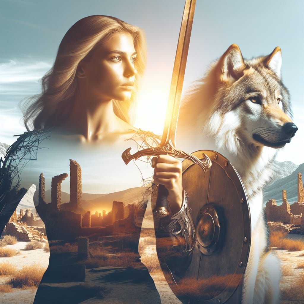 Shieldmaiden with Direwolf in Desert Ruins