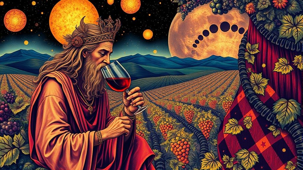 Dionysus in Vibrant Fractal Vineyard Scene