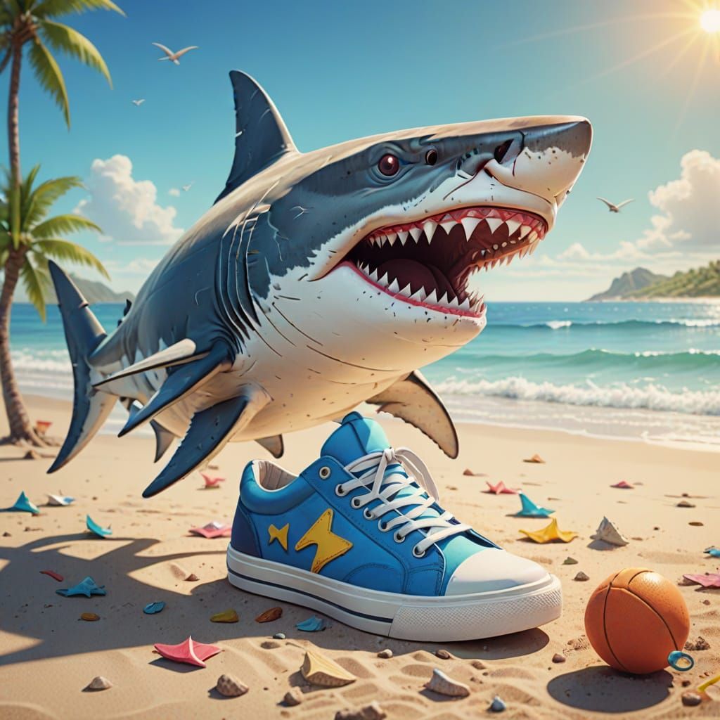 Cartoon Shark Strolls on Beach in Bright Sneakers