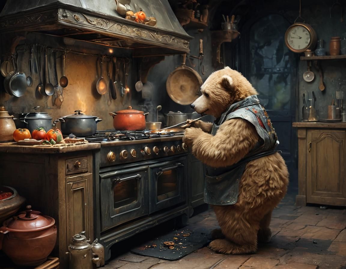 Old Teddy Bear at pension is cooking meal