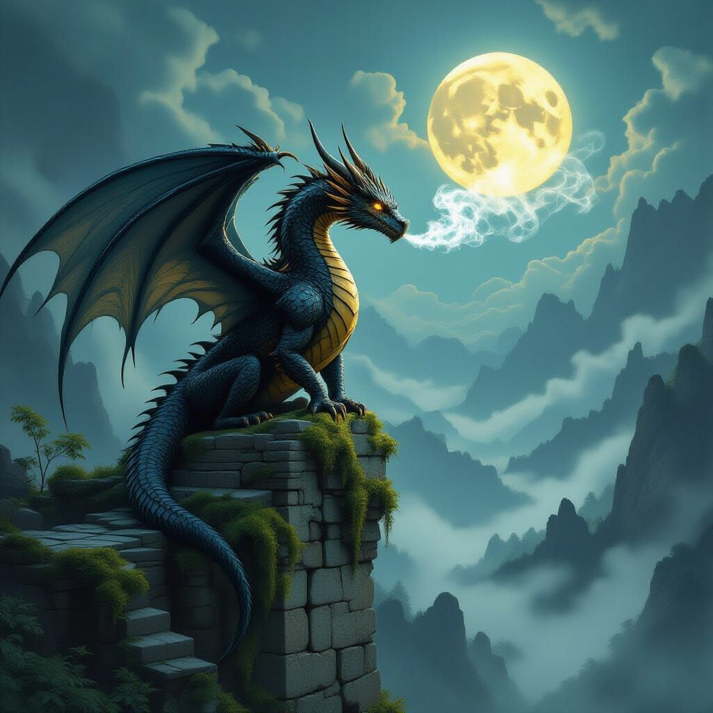 Majestic Dragon on Ruin in Mist-Shrouded Valley