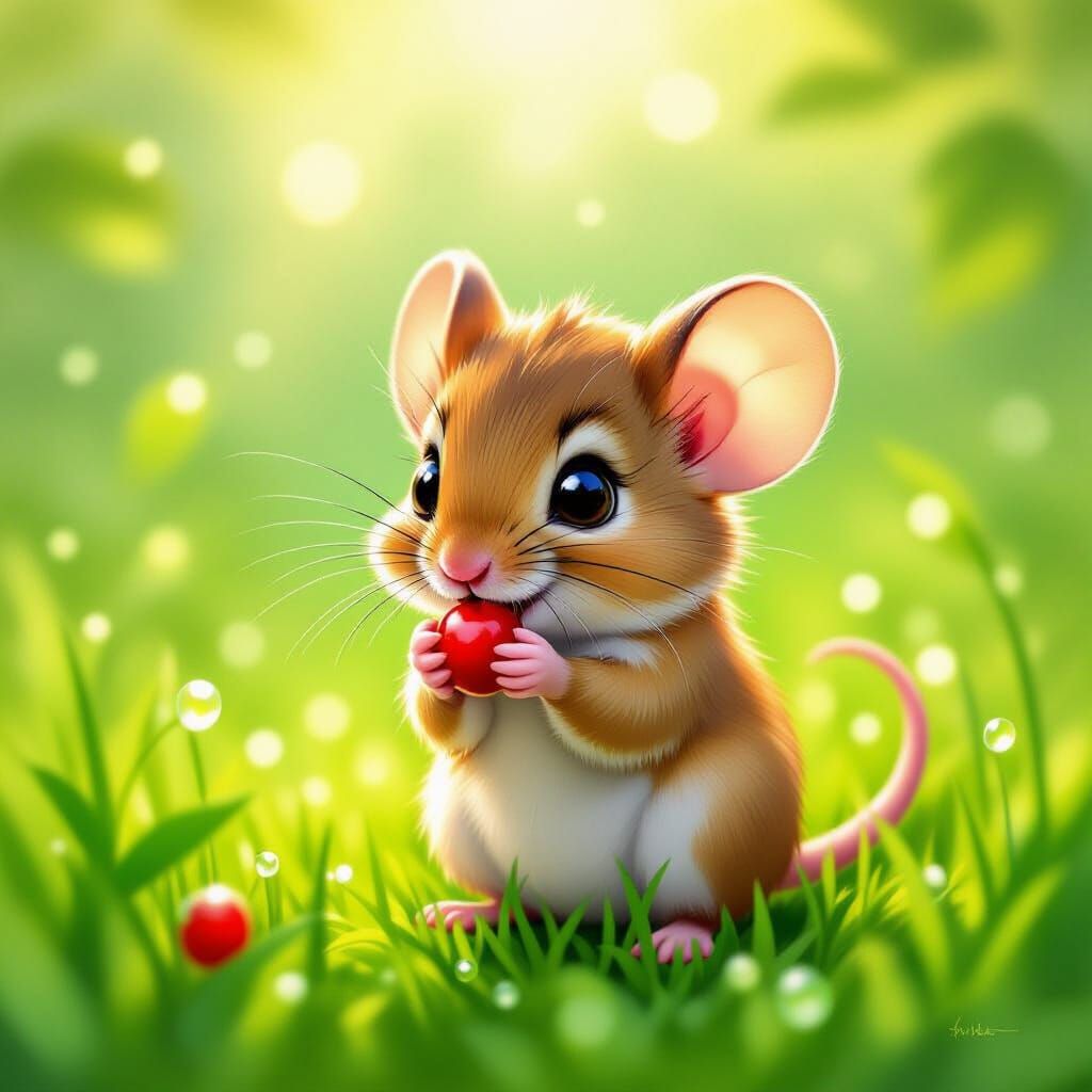 Adorable Field Mouse Nibbling Berry in Storybook Style