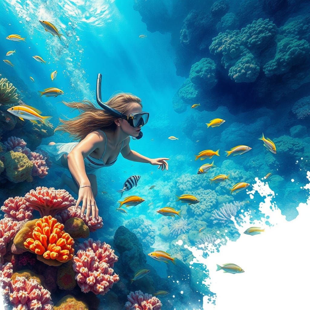 Snorkeler Explores Vibrant Coral Reef in Watercolour Style