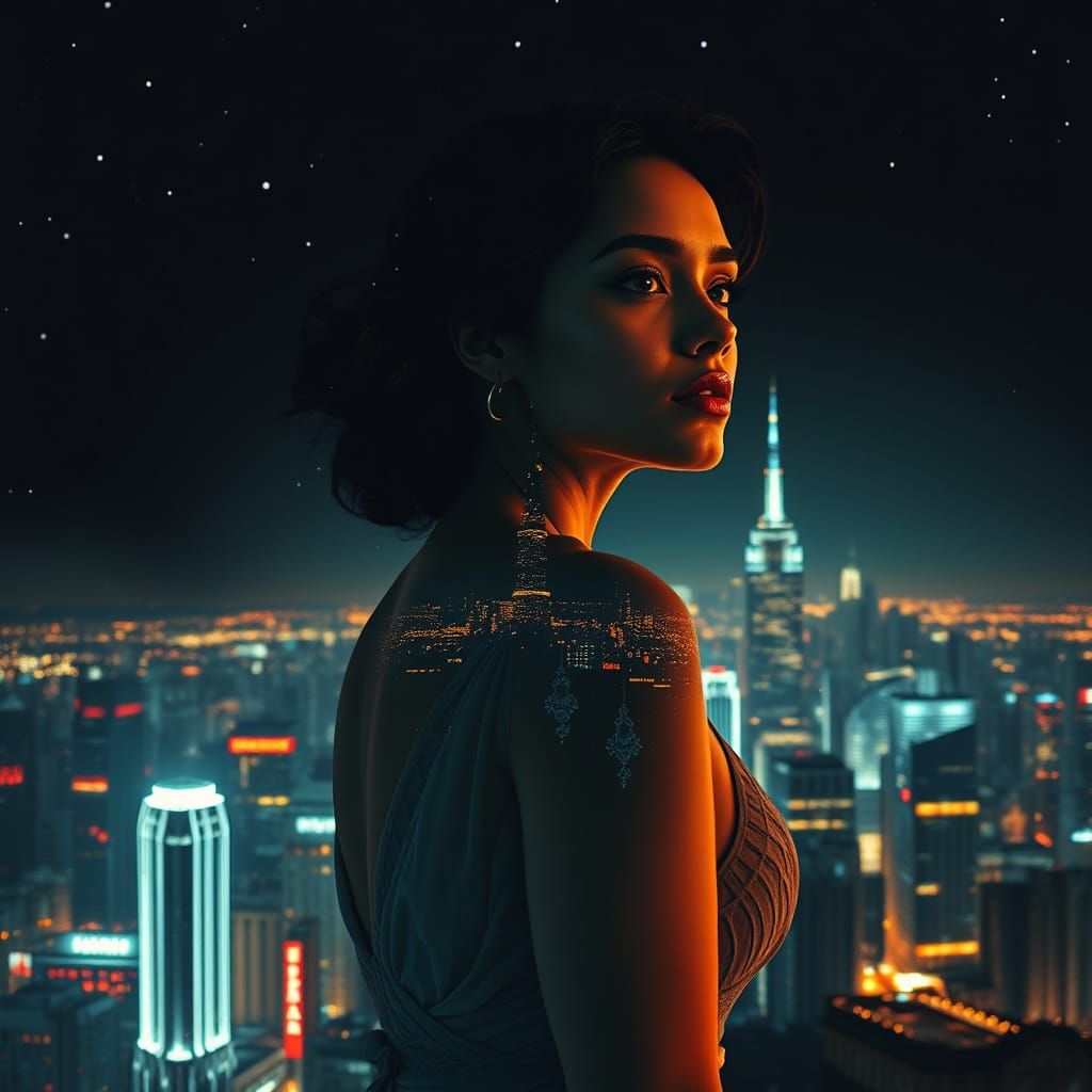 Surreal Double Exposure: Woman and Neon Cityscape