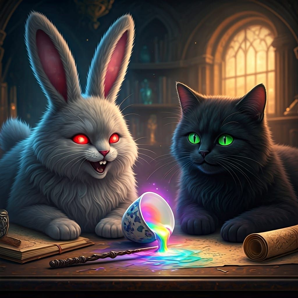 Mischievous Velvet Cat and Bunny Spill Wizard's Milk