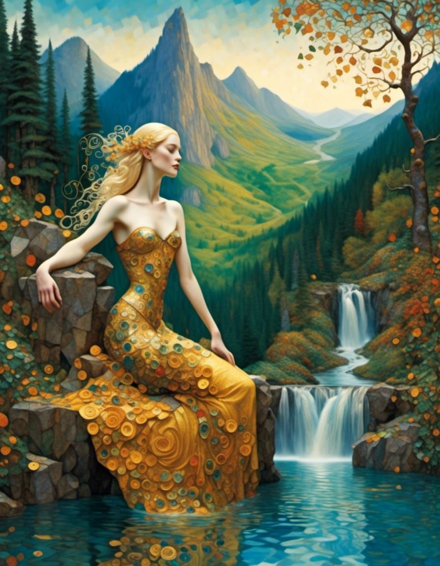 <lora:Bold-3D:1.0> Blonde venus arising from a pool with forest, mountains, and waterfalls in the background