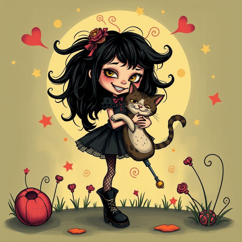 Goth Girl and Three-Legged Cat in Burton-esque Wonderland