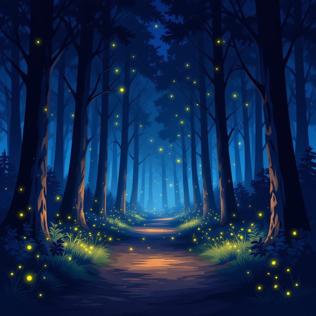 Enchanted Night Forest Path with Fireflies