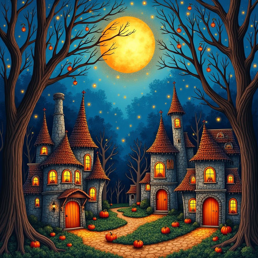 Enchanting Halloween Village in Forest, Naive Art Style