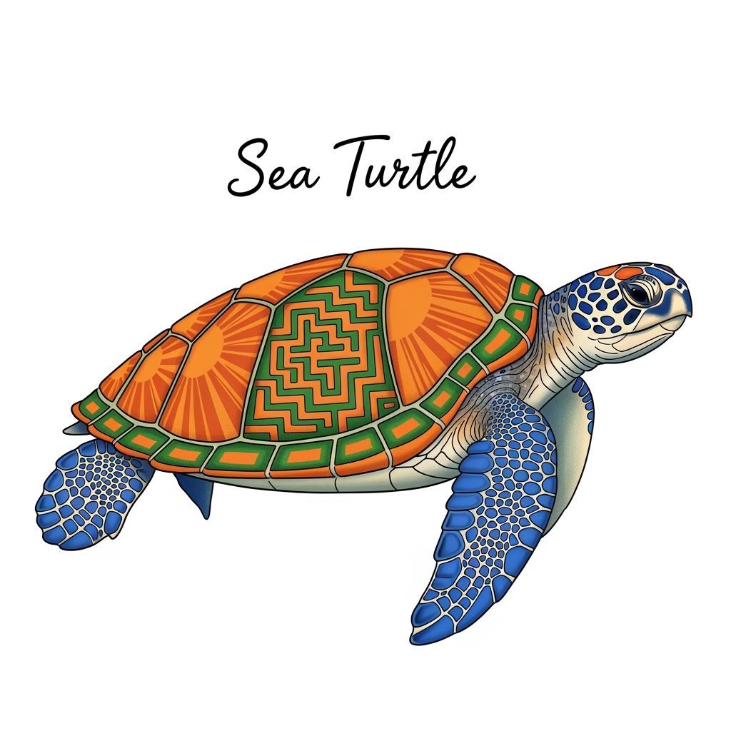 Sea Turtle Illustration with Geometric Shell and Cursive Tex...