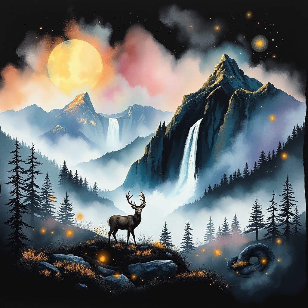 Ethereal Landscape with Golden Accents in Watercolor