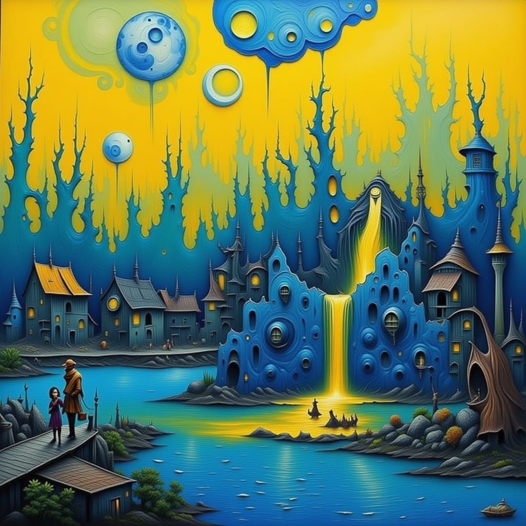 Dystopian Harbor Town in Blue and Yellow