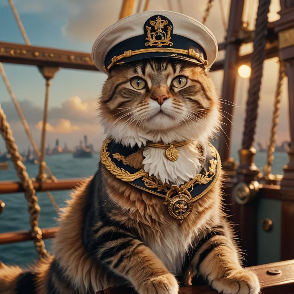 Cat Captain on Titanic: A Nostalgic Oil Painting