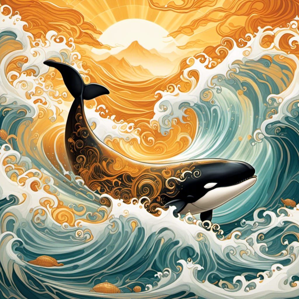 Amber Killer Whale on Tidal Wave Illustration