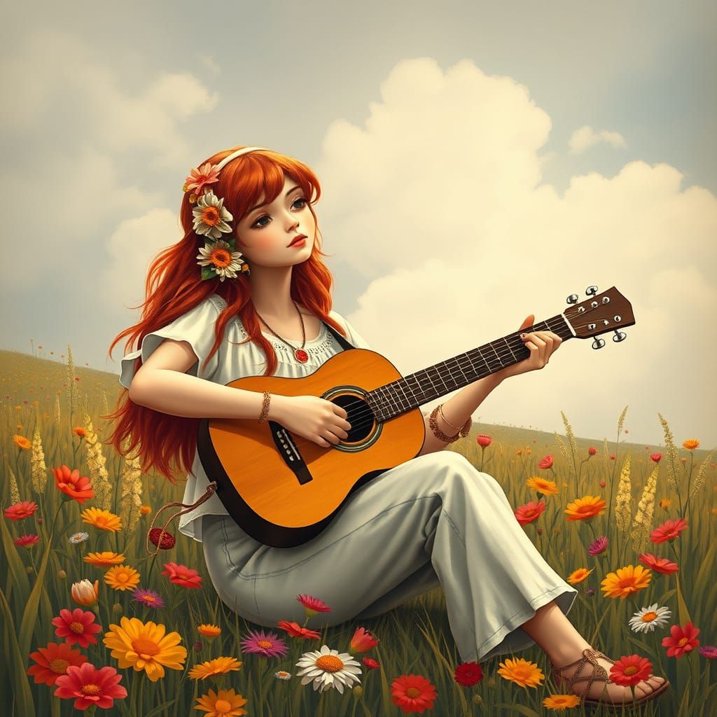 Auburn Haired Girl in Floral Field, Art Nouveau