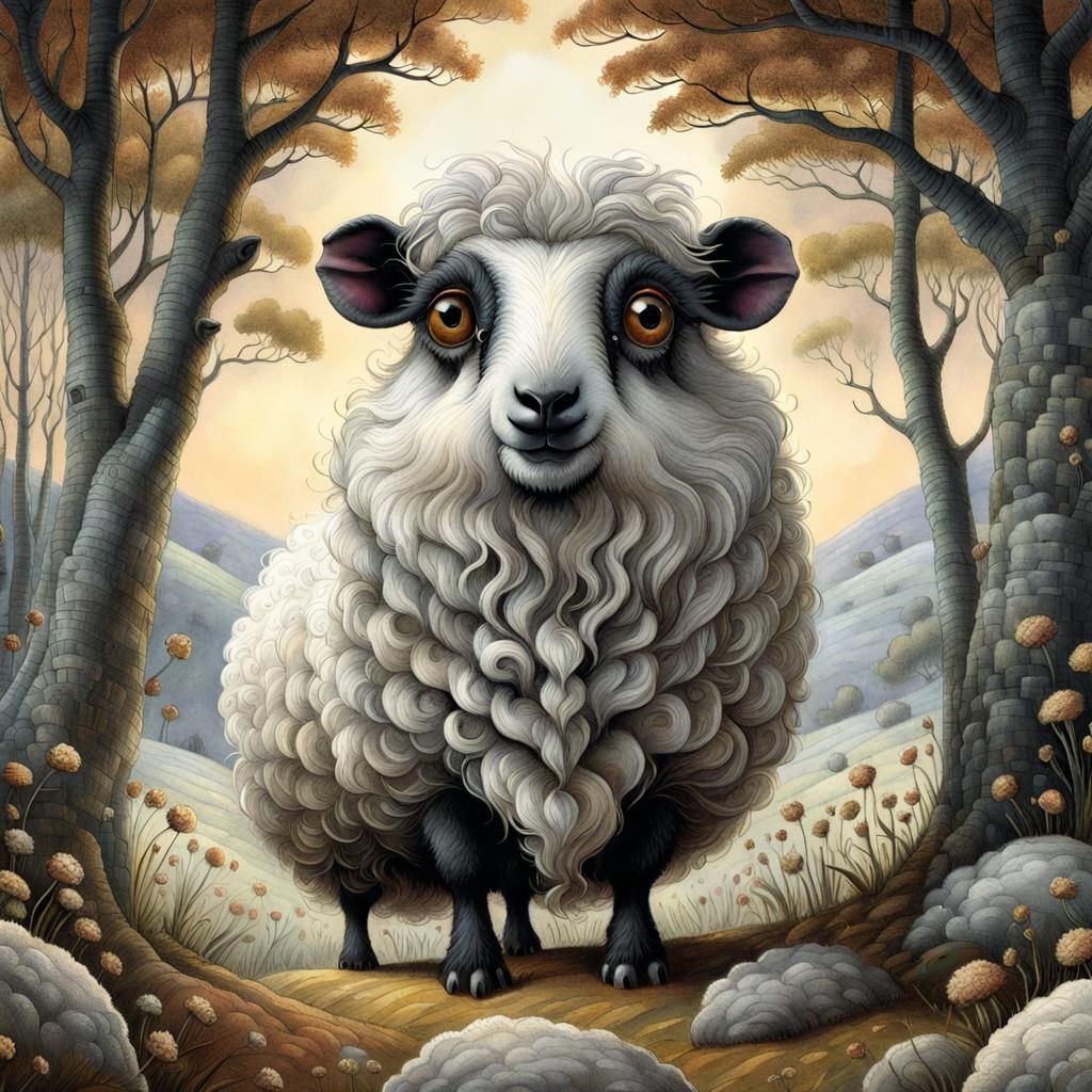 Sheep in Natural Habitat: Ethereal Romantic Style