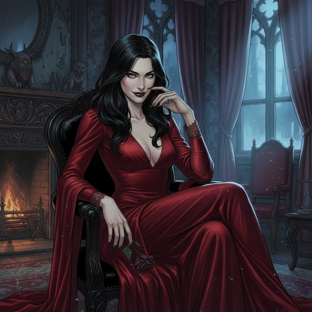 Gothic Woman in Scarlet Dress at Night