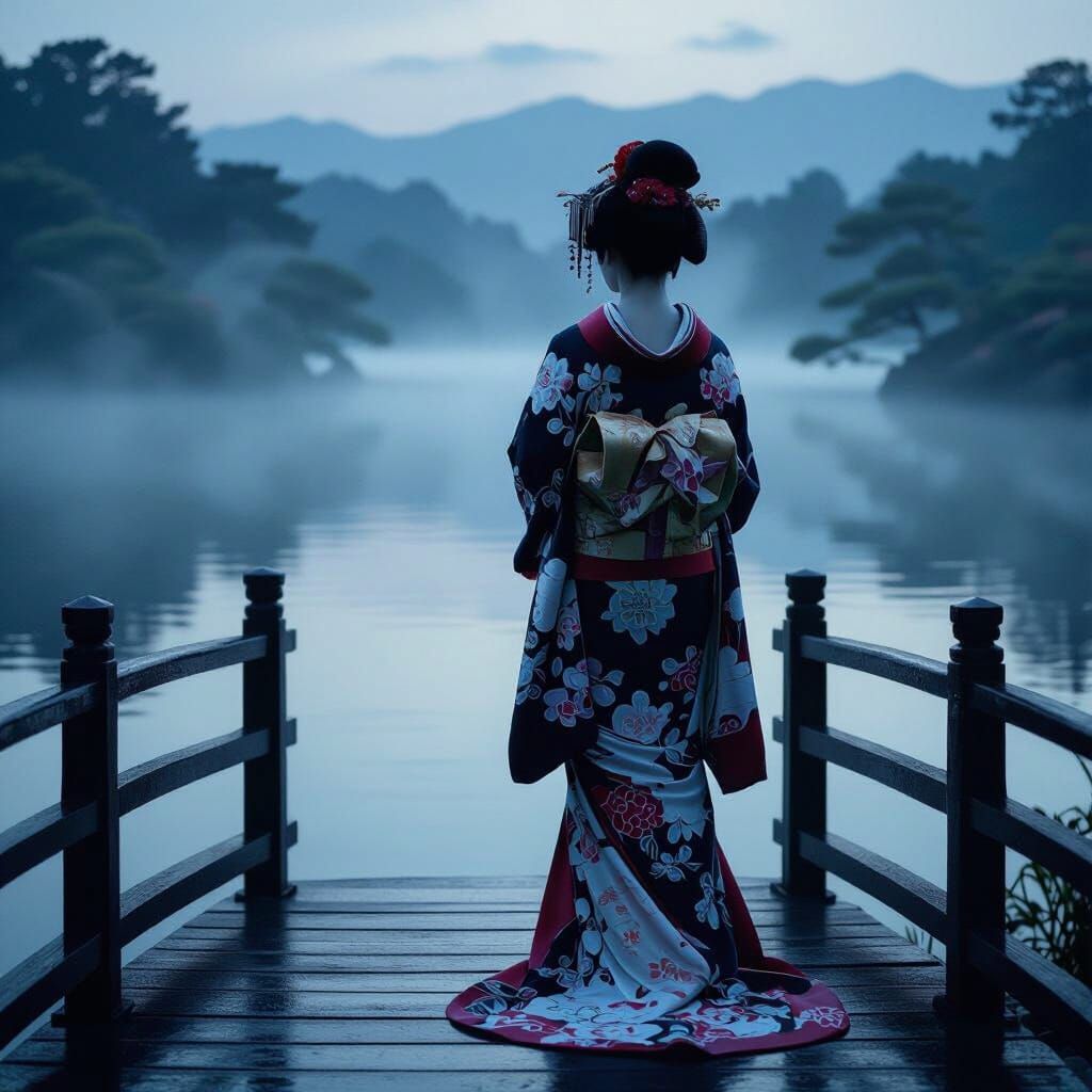 Geisha on Misty Bridge at Twilight in Film Noir Style