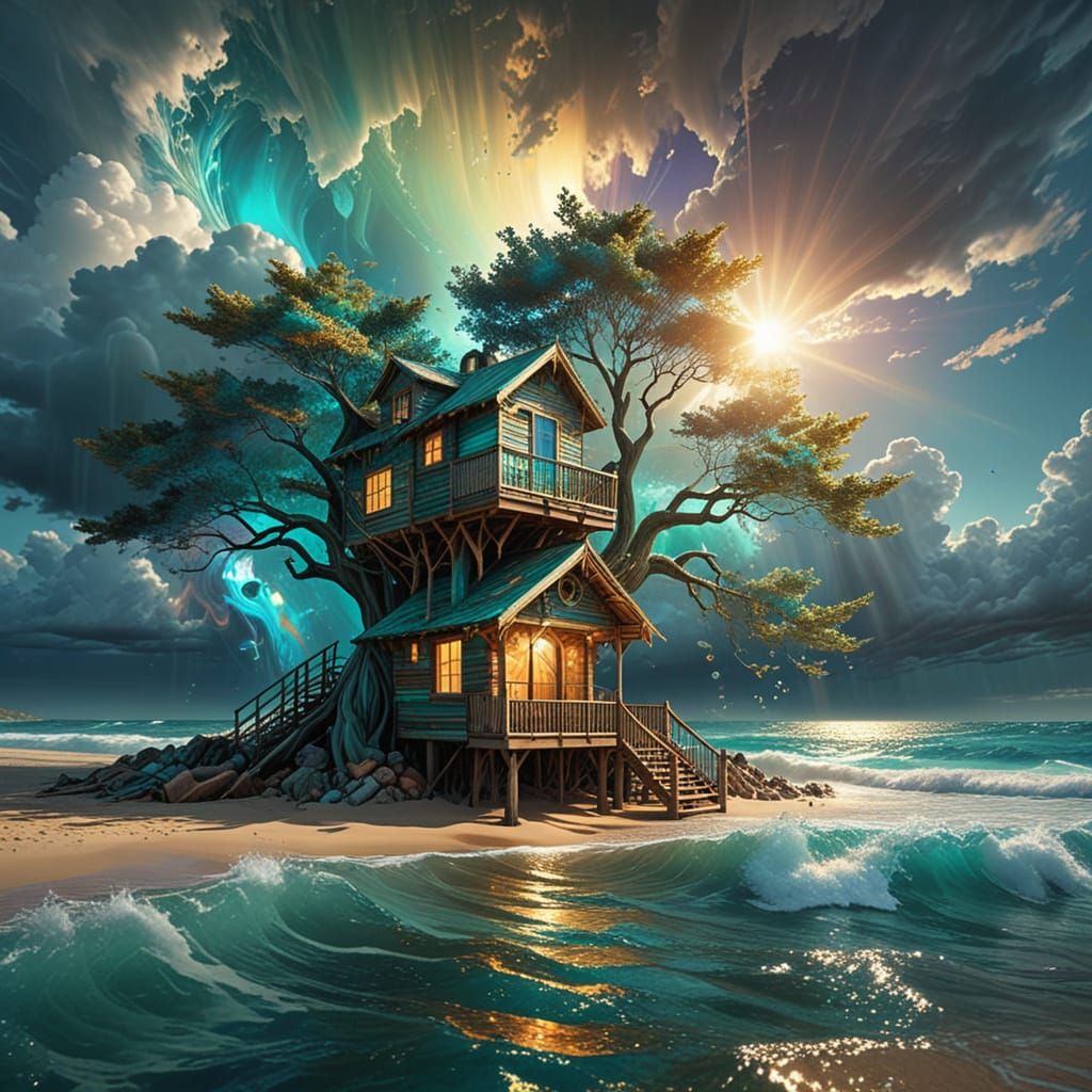 Surreal Treehouse on Tropical Beach at Sunset
