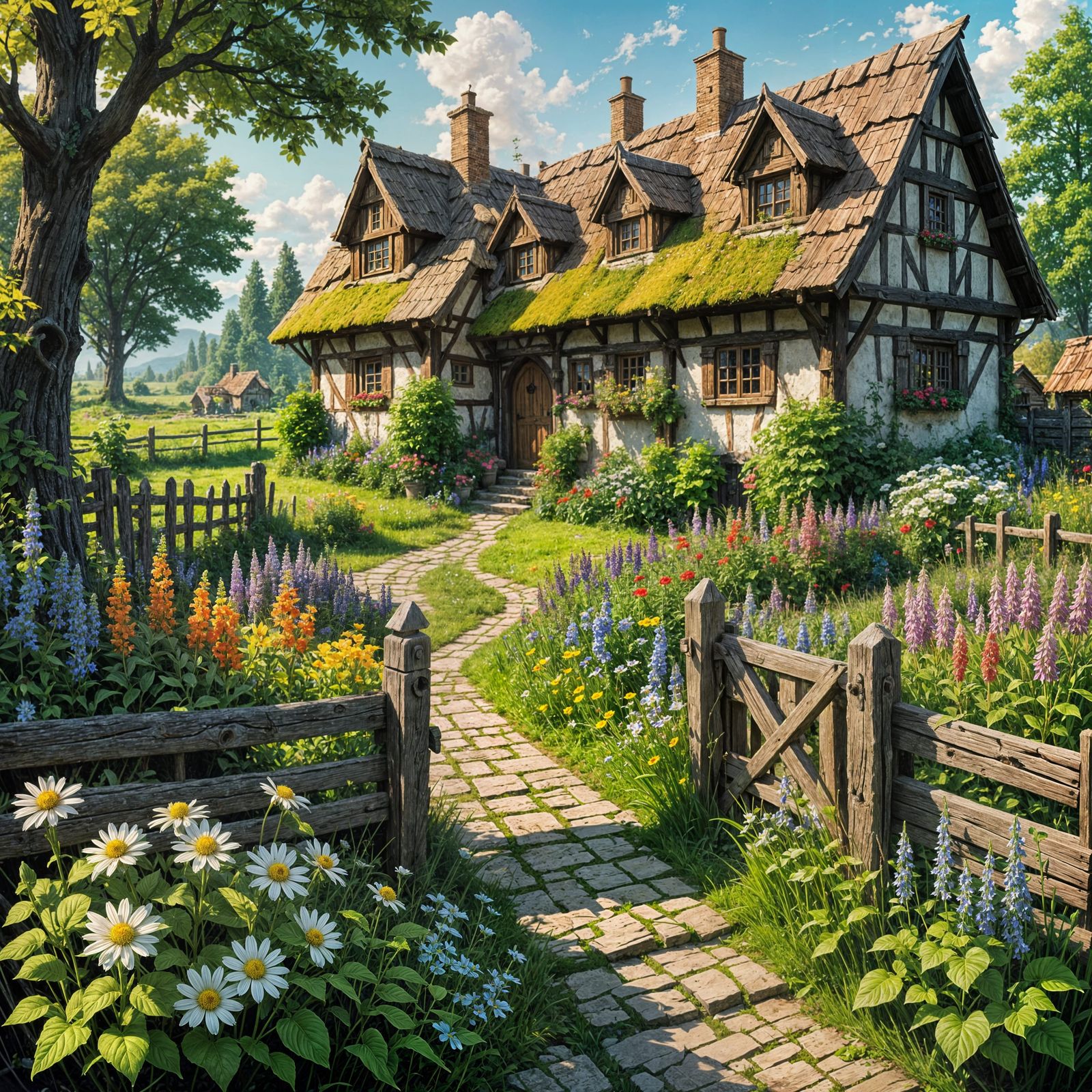 Vivid Fantasy Village Garden in a Whimsical Setting