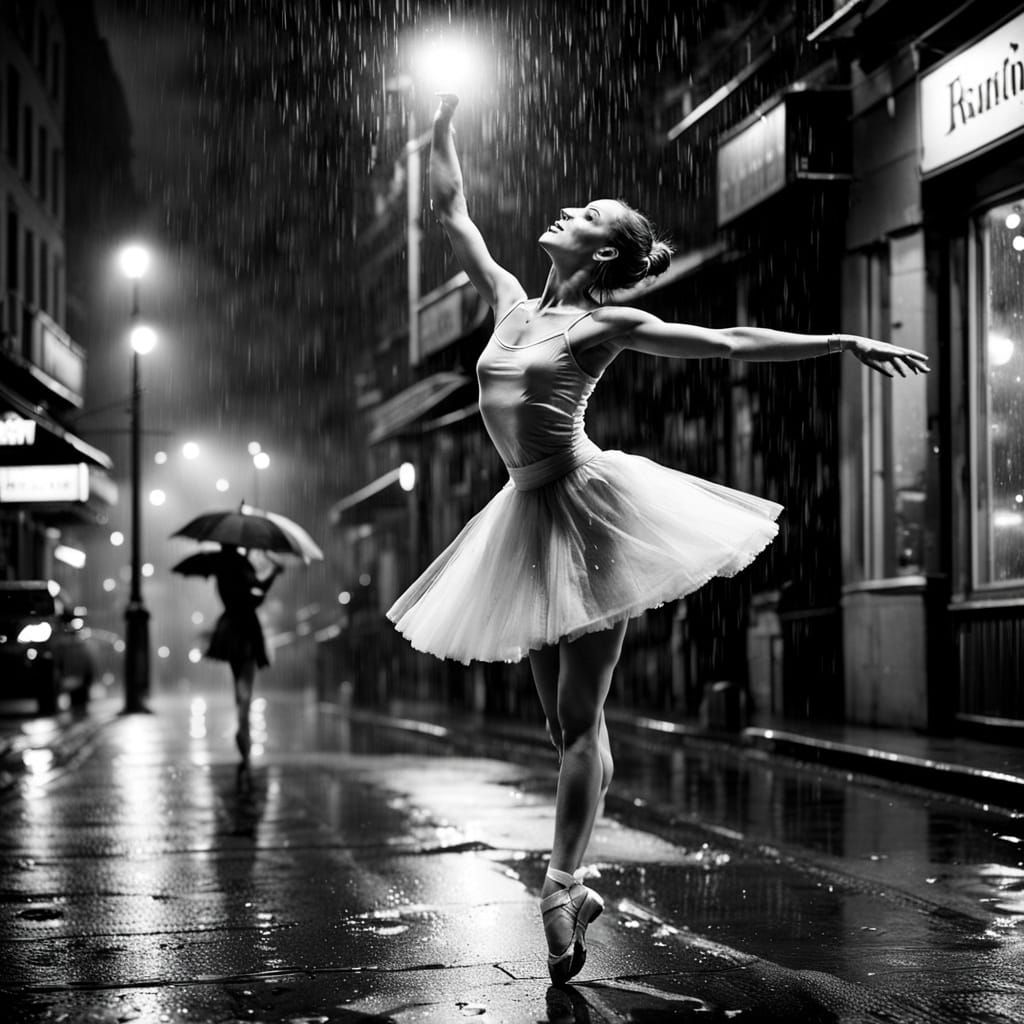 Drenched Ballerina Dances in Night Rain