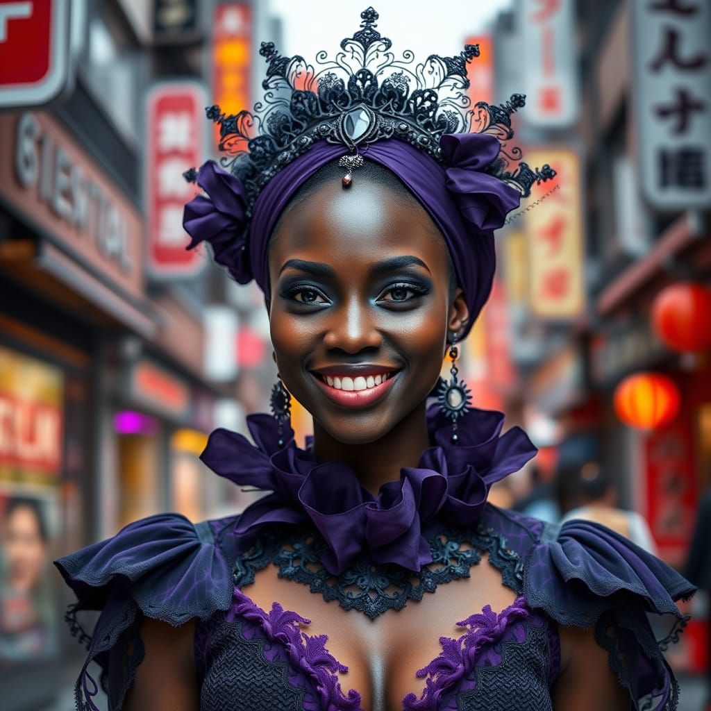 Gothic Woman Posing in Tokyo, Photorealistic Style