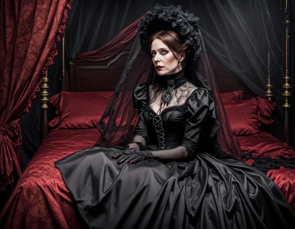 Steampunk Widow in Mourning Dress with Spiderwebs