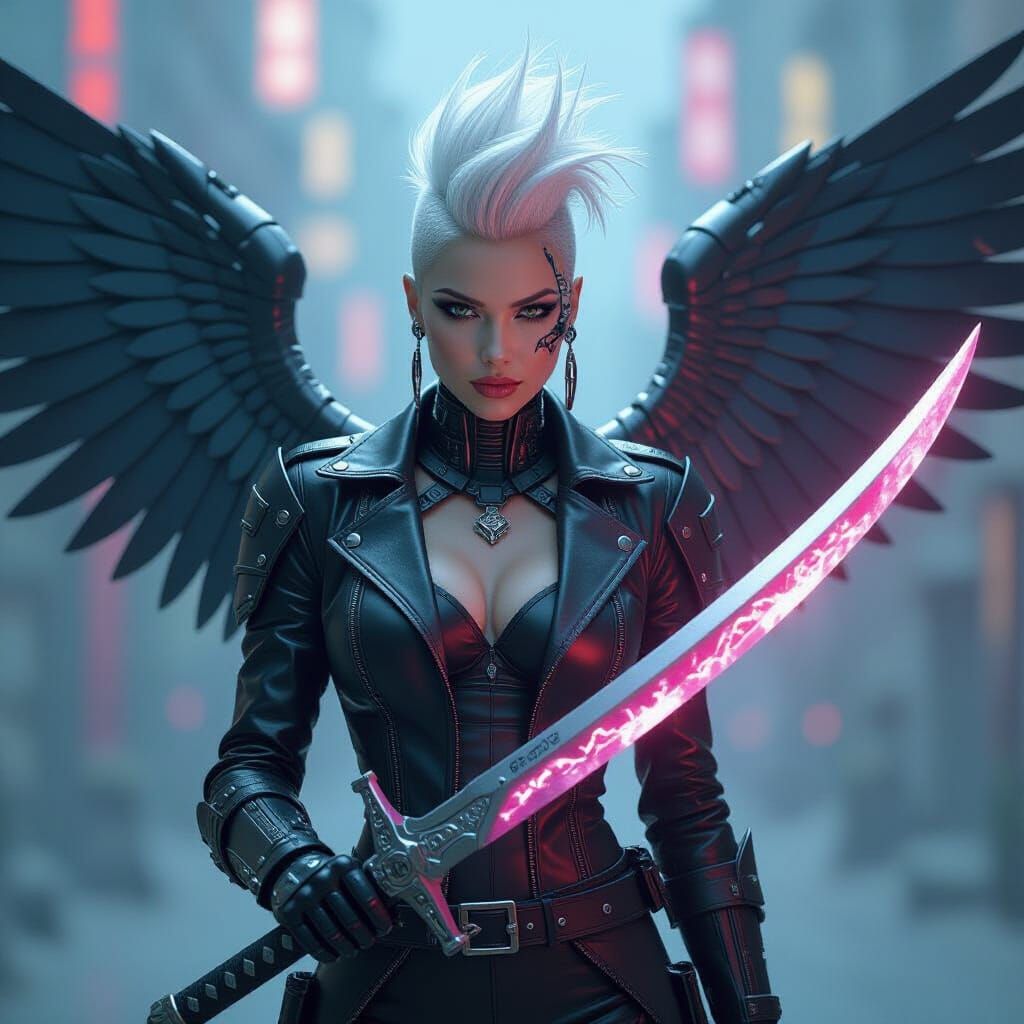Cyborg Angel with Crystal Sword in Cyberpunk Style