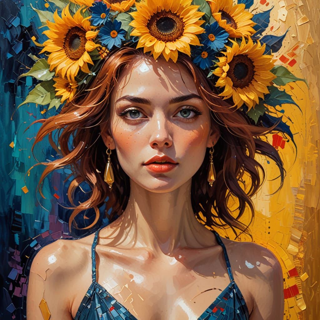 Elegant Woman in Modern Oil Portrait with Floral Crown