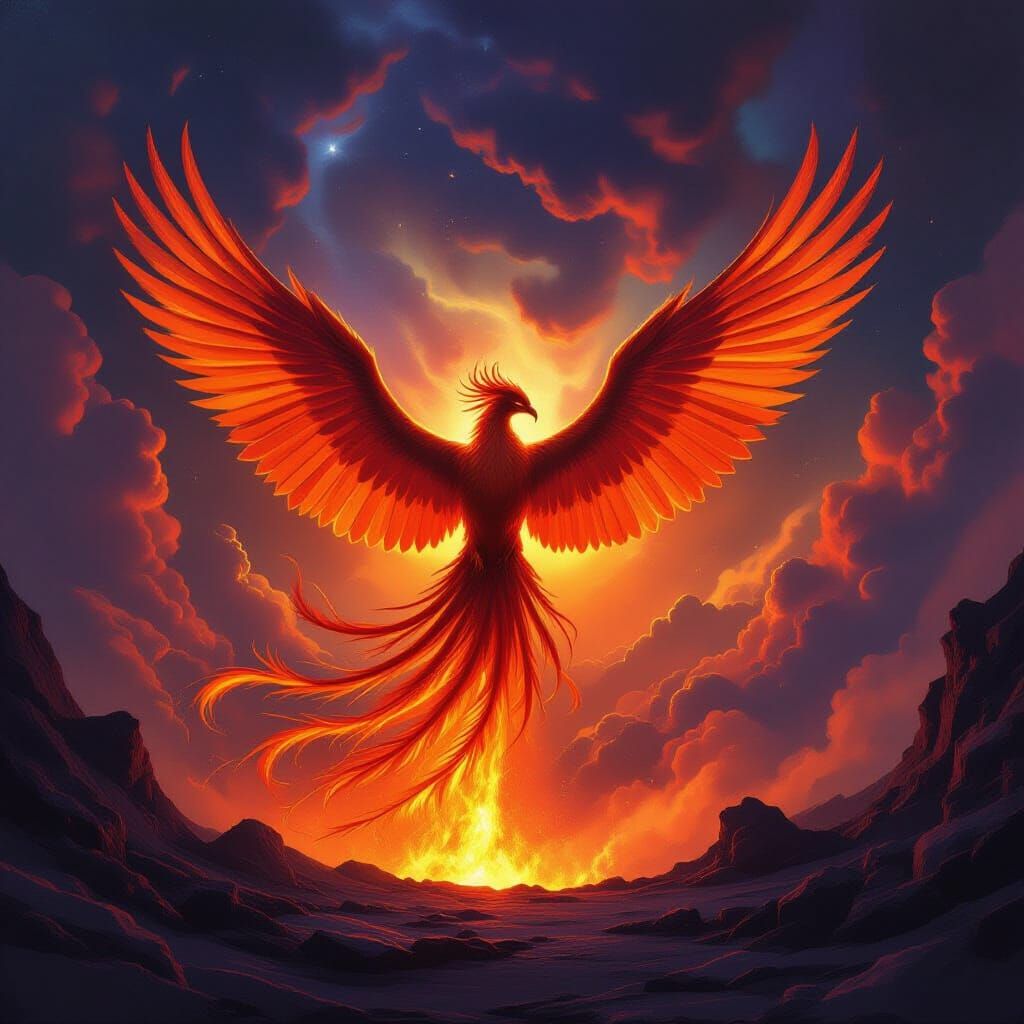 Majestic Phoenix Erupts From Volcano Amidst Cosmic Nebula