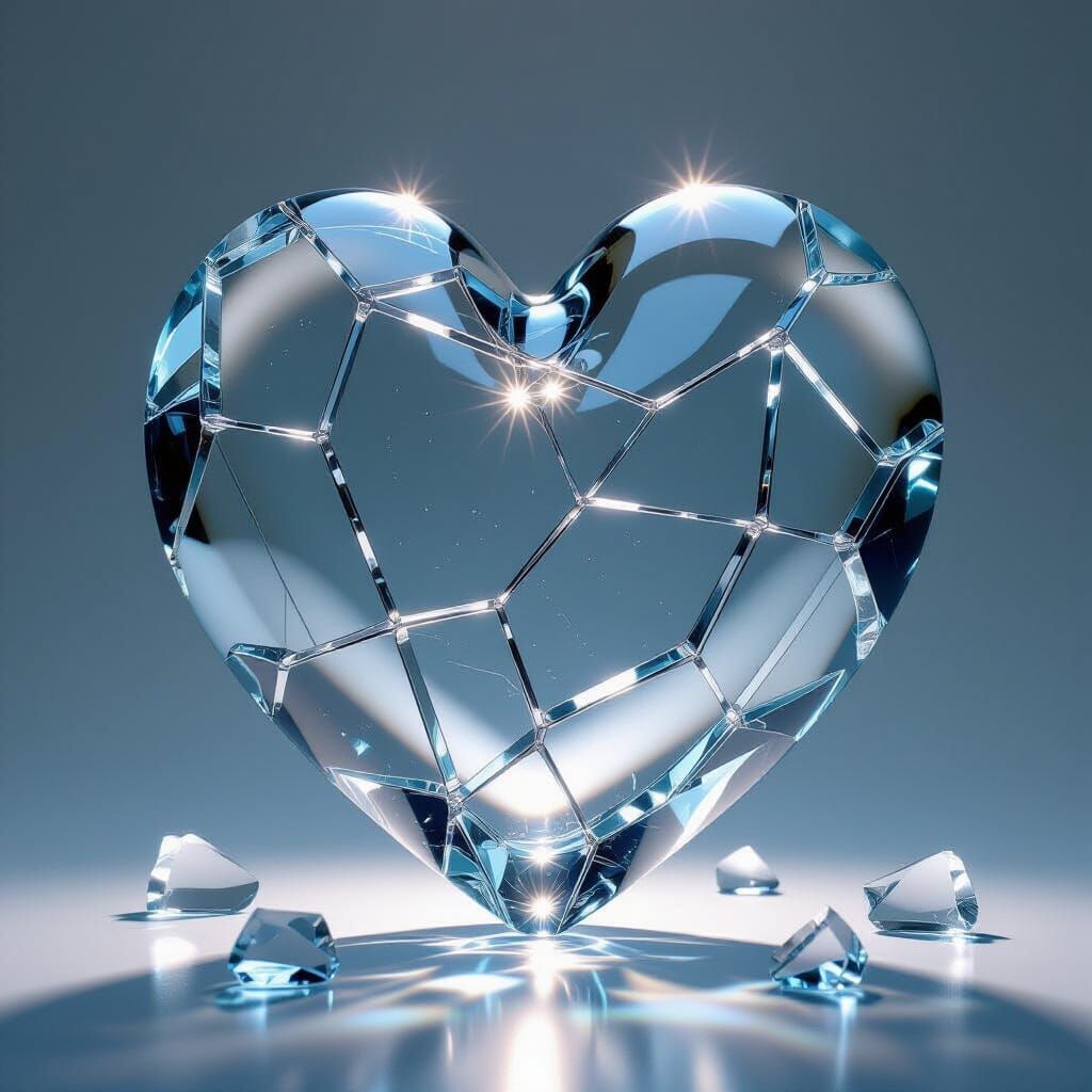 Intricate Cracked Glass Heart Reflecting Light