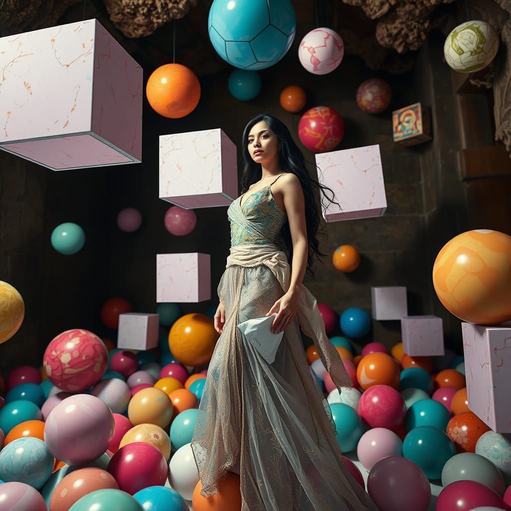 Ancient Bizarre Goddess Among Shimmering Cosmic Spheres