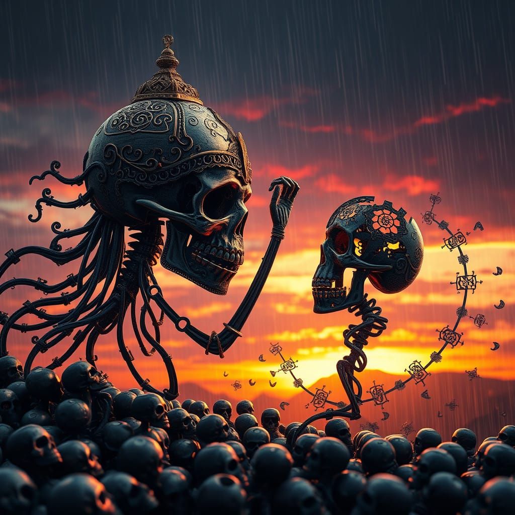 Surreal Skulls Dance in Harmony Amidst a Vibrant Rainy Sunse...
