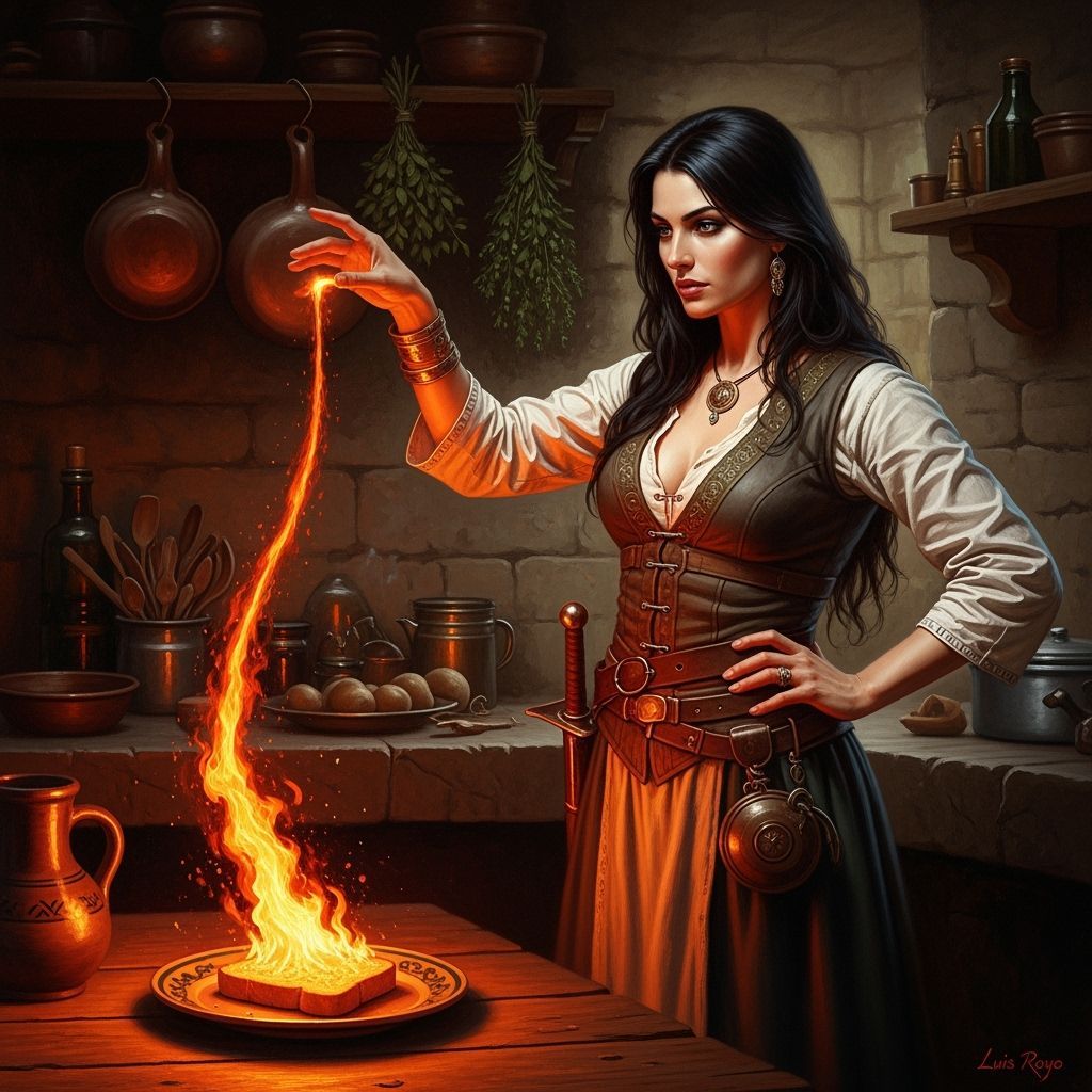 Sorceress Ignites Toast with Magical Fire in Oil Painting