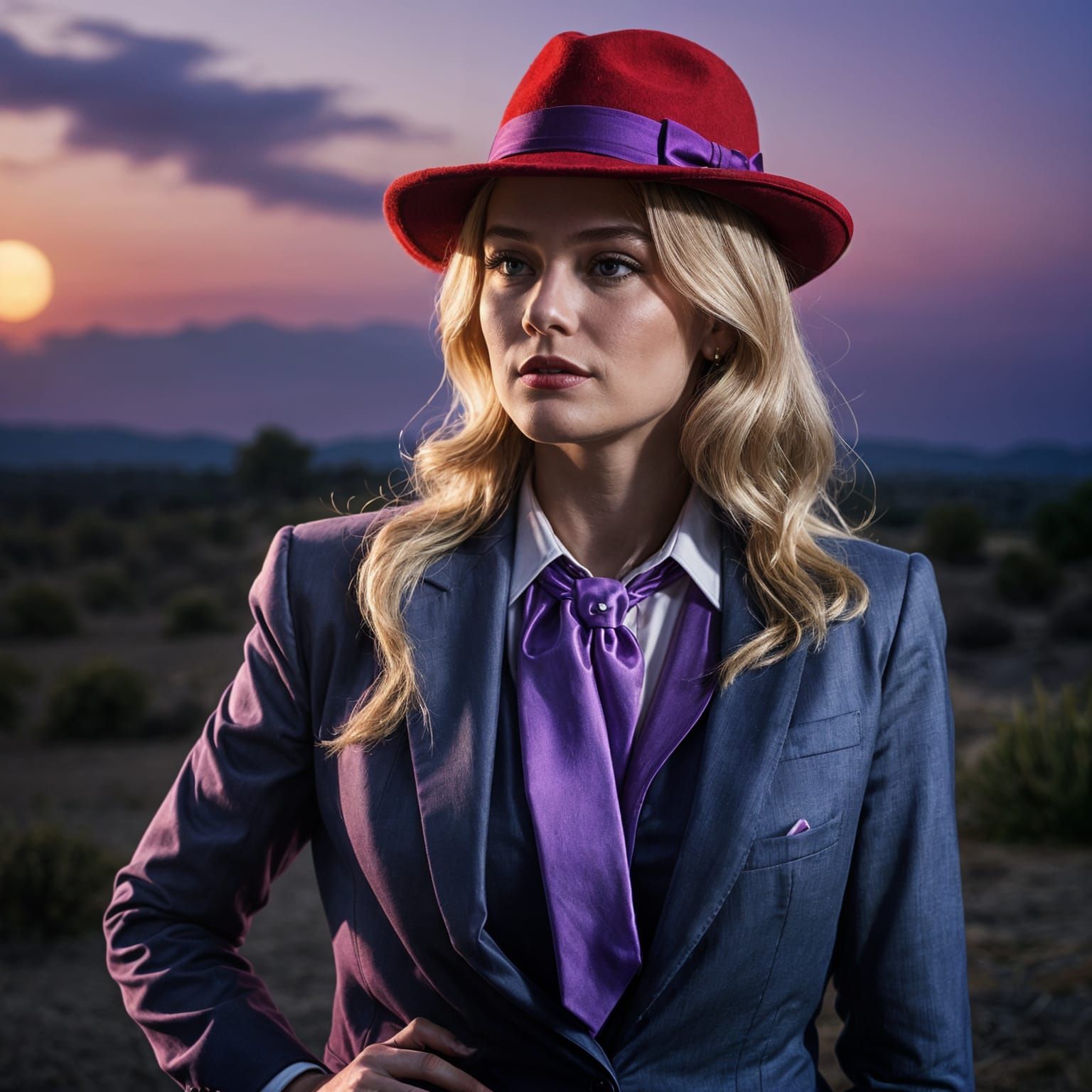 Blonde Woman in Suit Tipping Hat at Sunset
