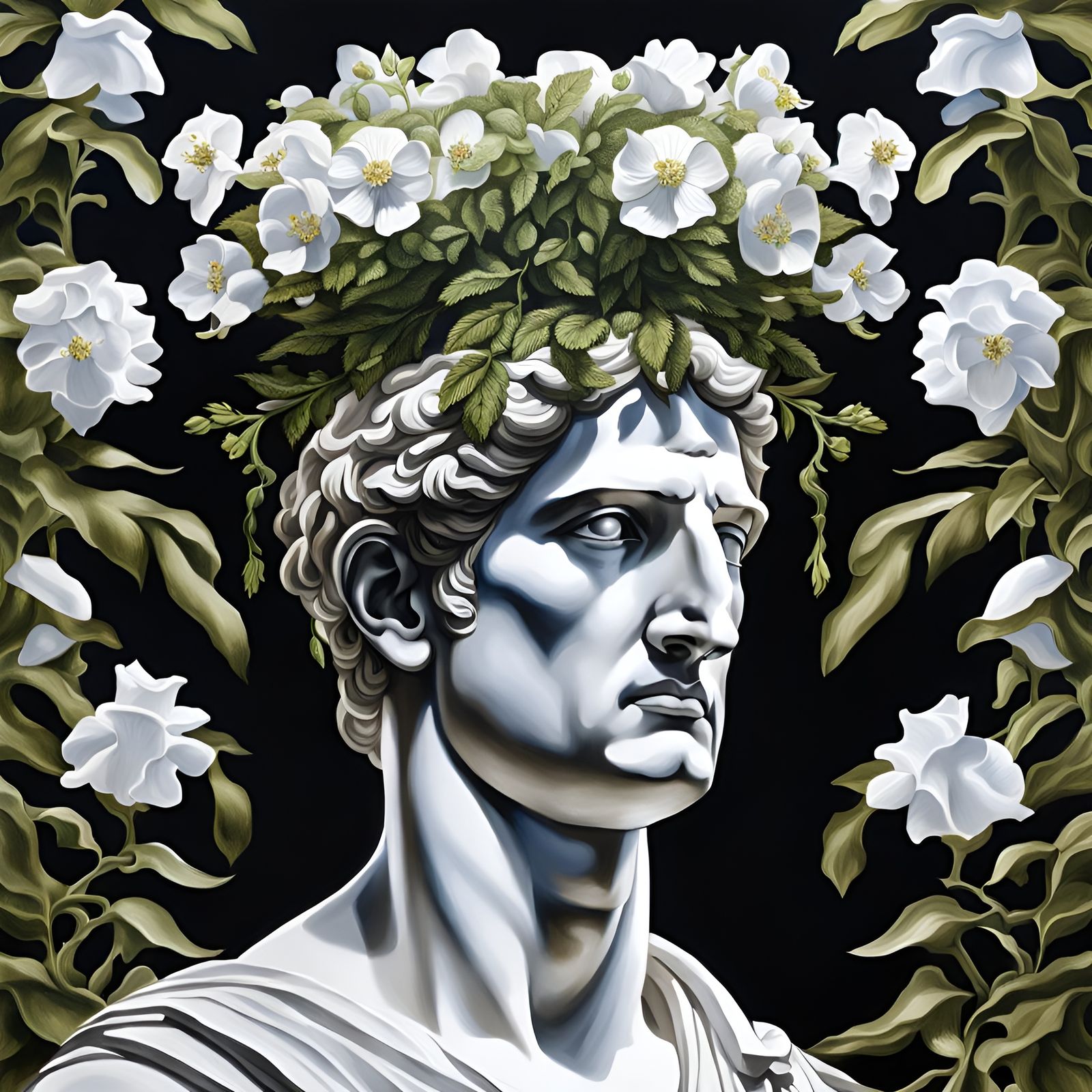 a vase made like a greek statue of head, and shoulders with a plant with white flowers coming out of the top and hanging...