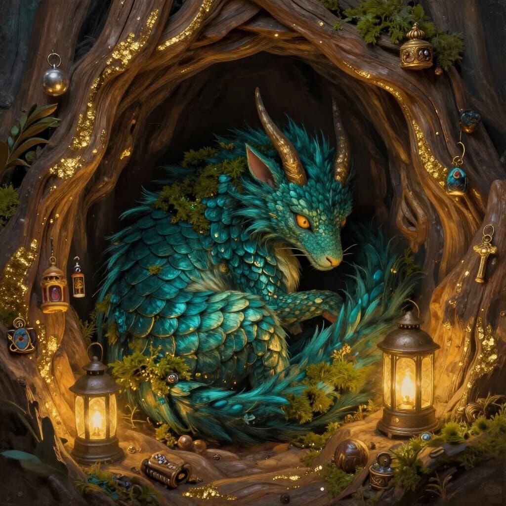 Emerald Moss Mythical Creature in Golden Alcove