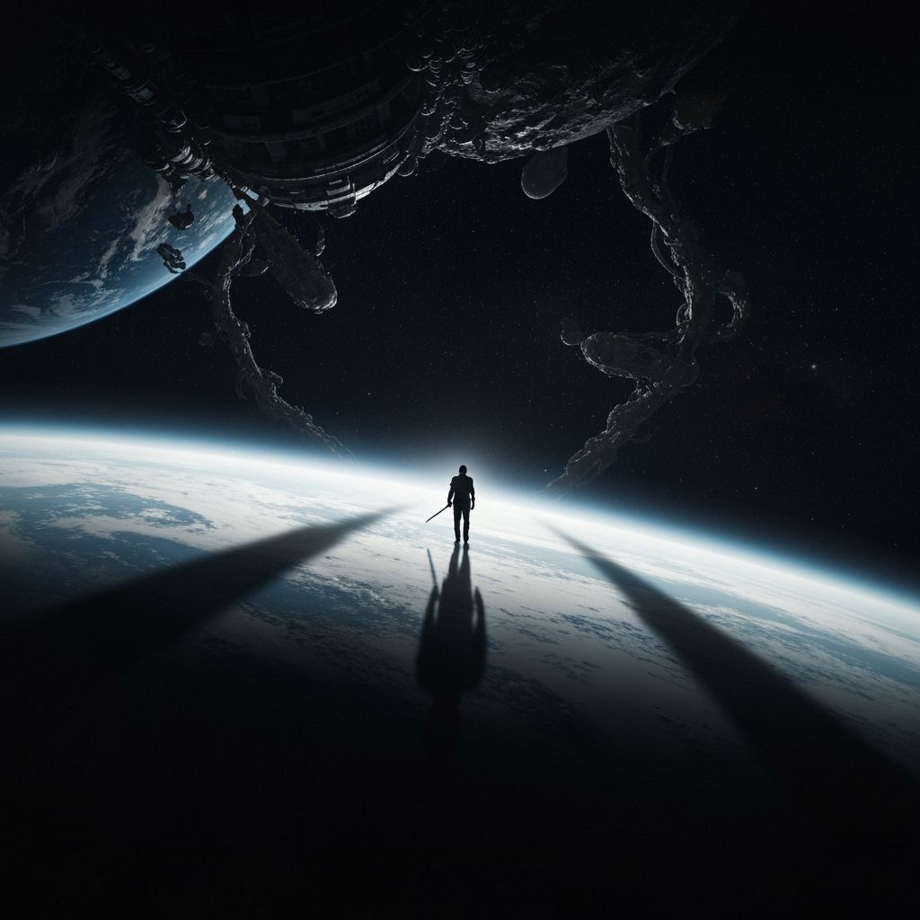 Biomechanical Planet with Cloaked Figure in Gothic Style