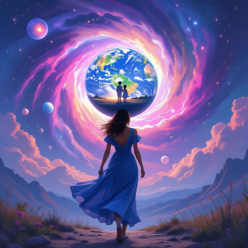 Woman Carries World Amidst Cosmic Vortex