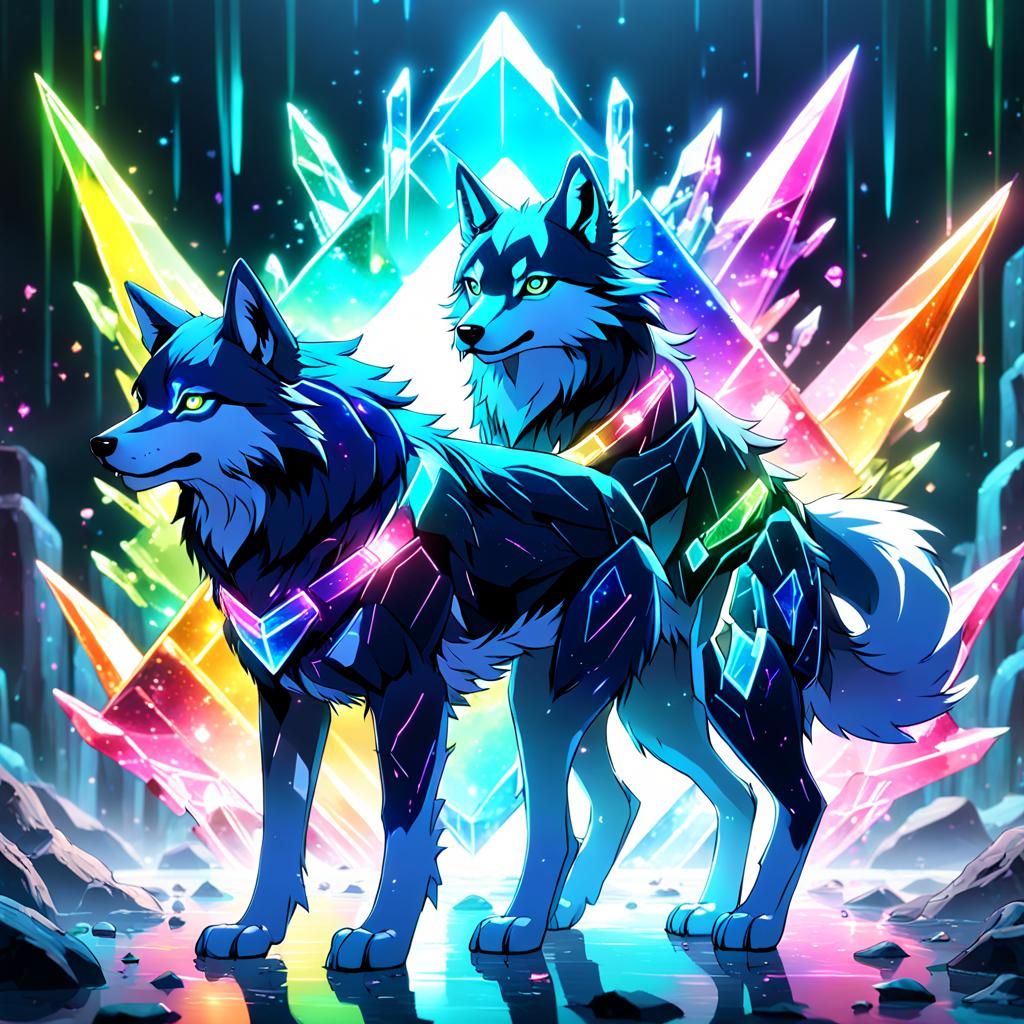Anime Rainbow Neon Crystal Wolf Hybrid