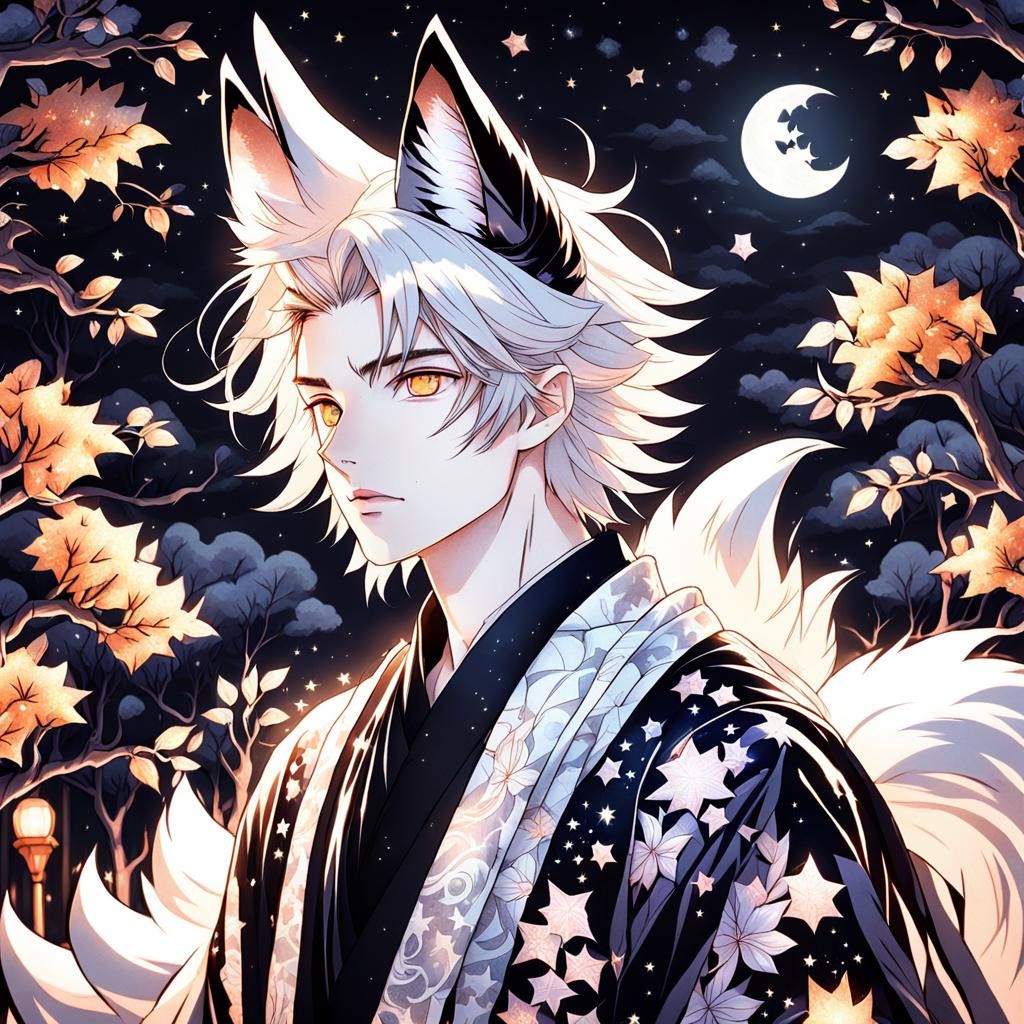 Anime Fox-Boy in Kimono Under Moonlight