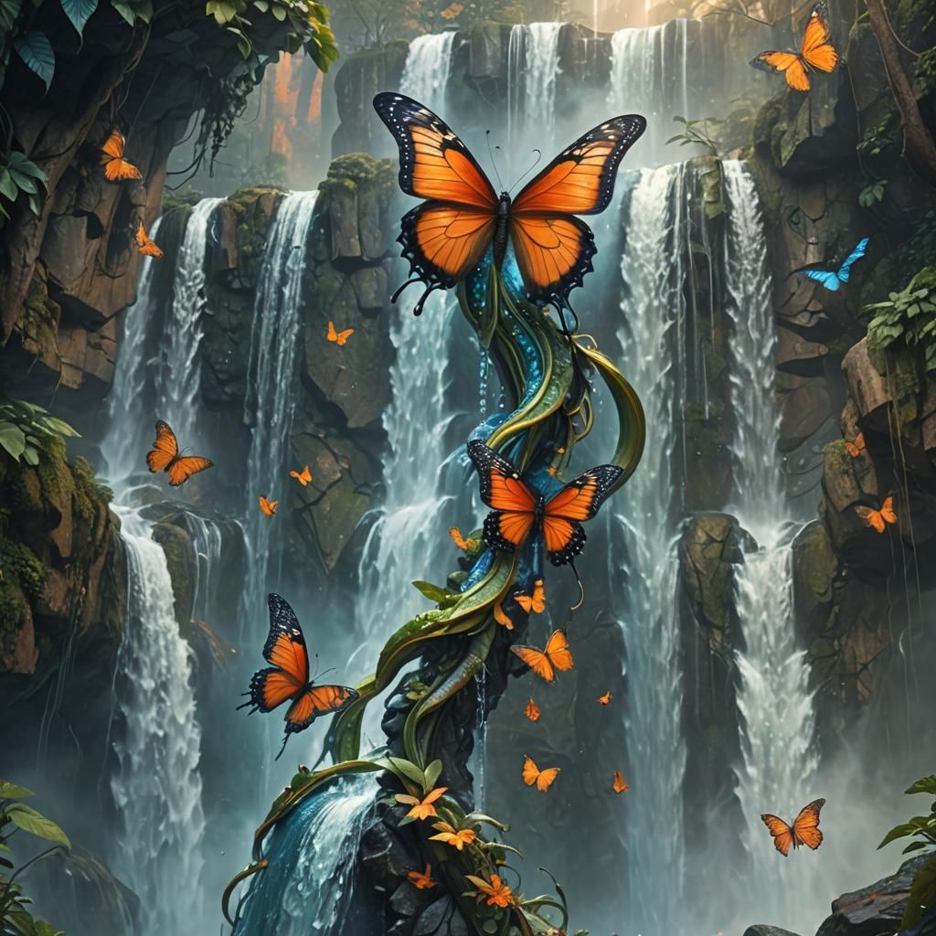 Majestic Butterfly Snake Descending Elegant Waterfall