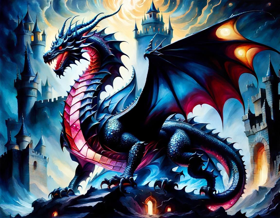 Bioluminescent Dragon Emerges from Ruined Castle as Oil Pain...