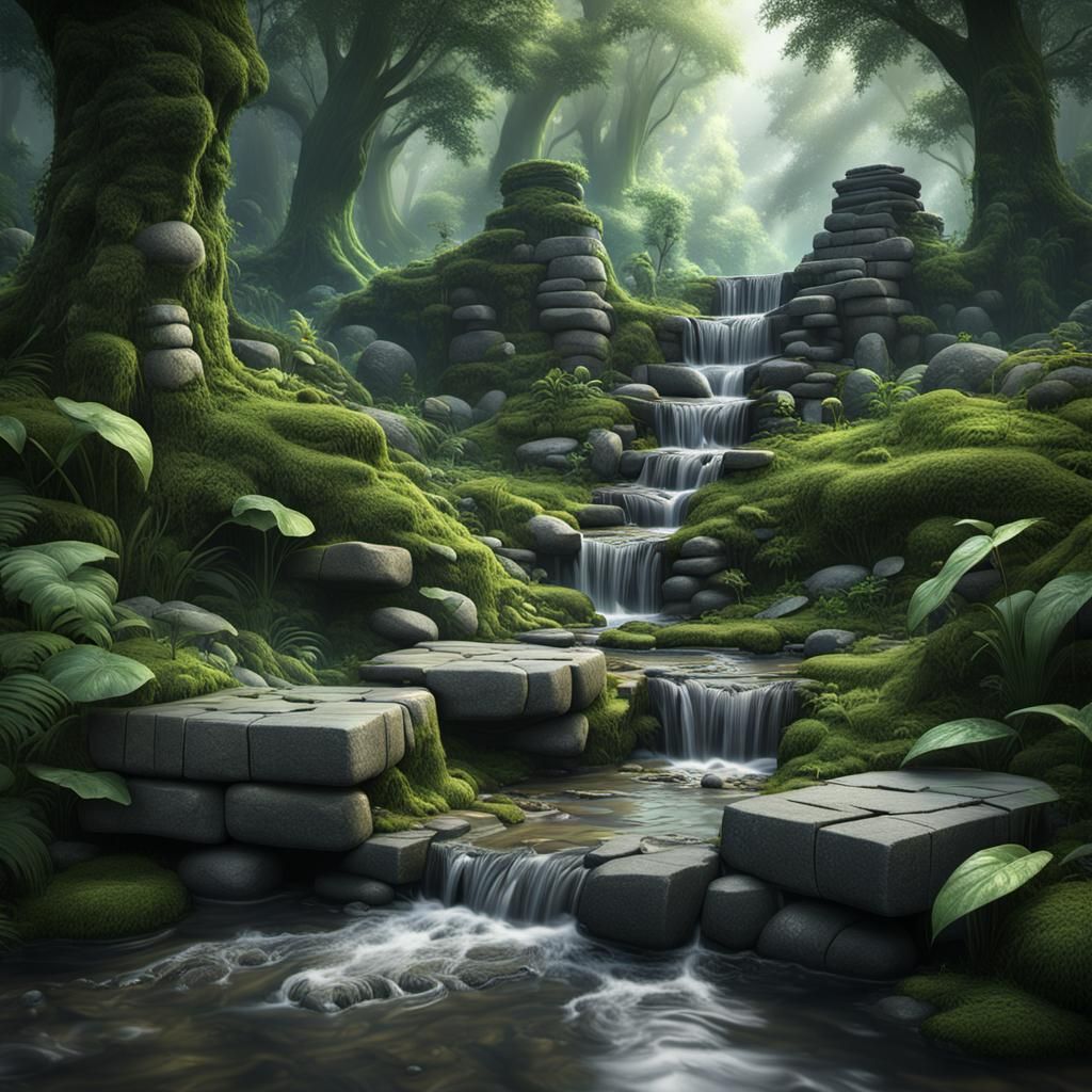 Lush Forest Stream in Detailed Matte Painting Style
