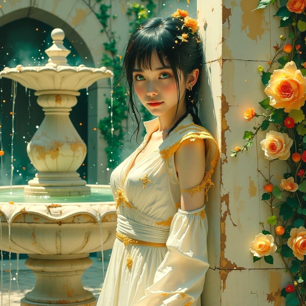 Smiling Woman in Ornate Courtyard, Dark Oil Painting