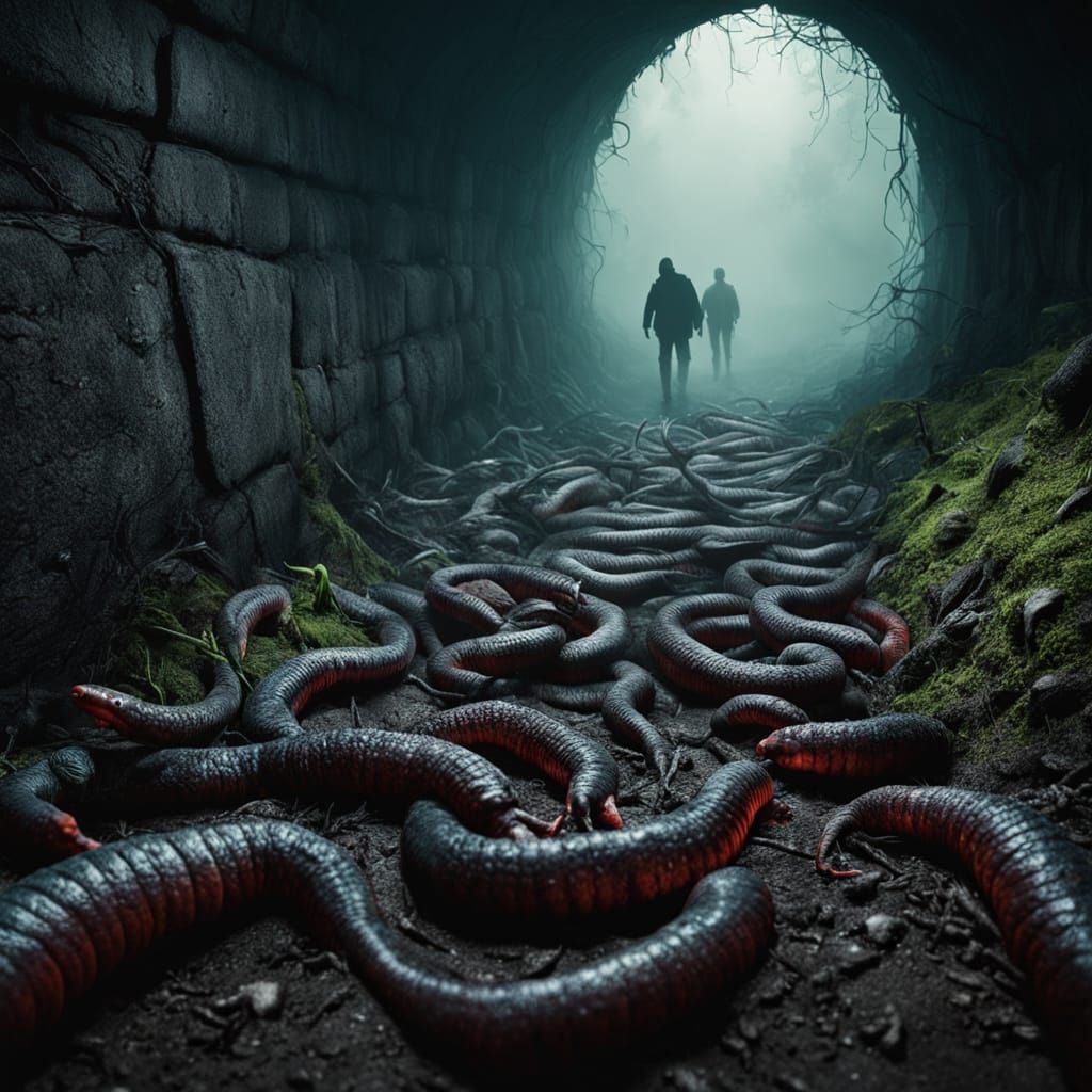 Horror Photorealism: Giant Earthworms in Dark Tunnels