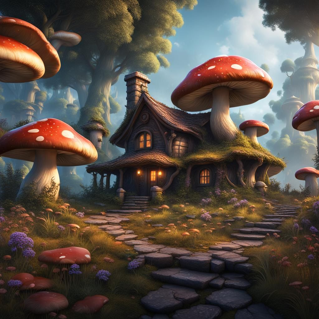 Mushroom Cottages in a Detailed Matte Painting