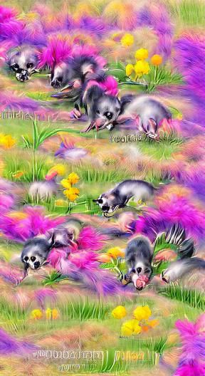 Neon Pastel Skunks Frolic in Flower Field