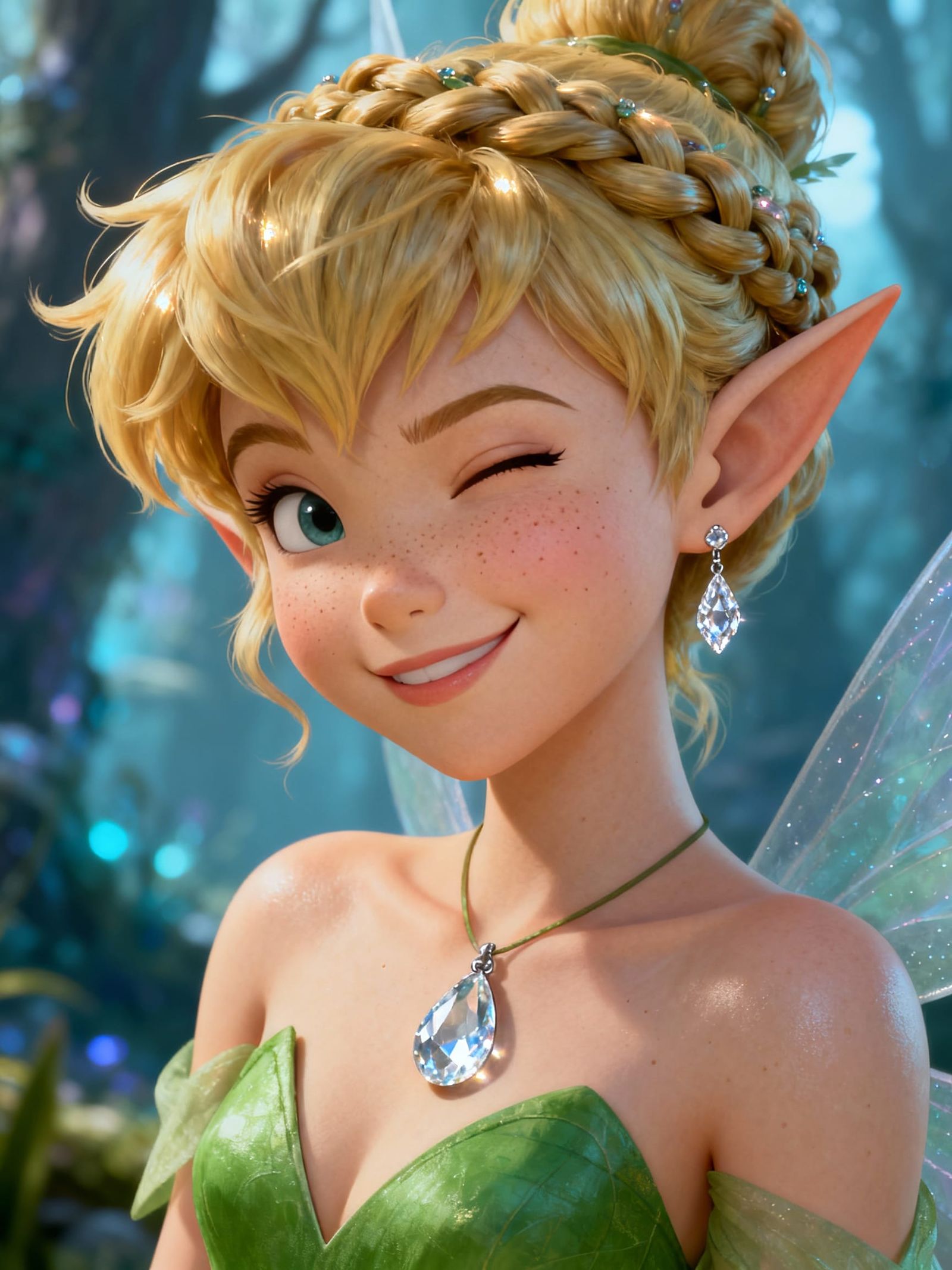Photorealistic Elf Girl Winking in Fantasy Forest