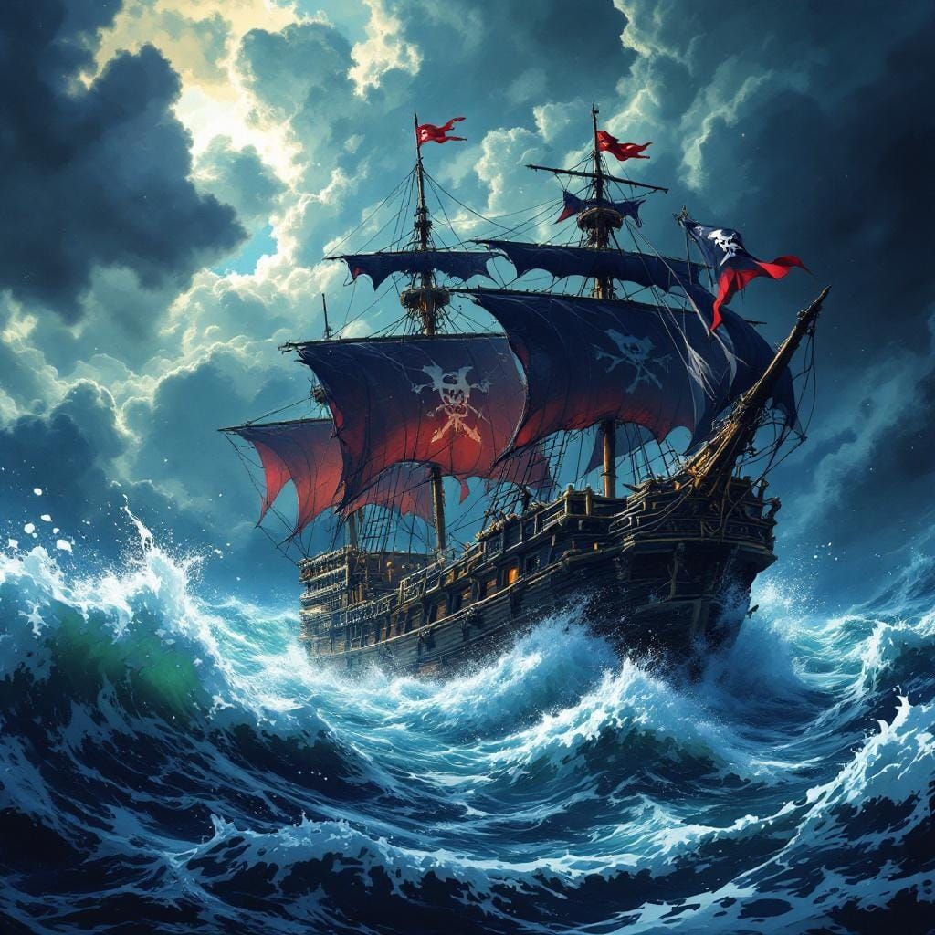 Anime-Style Pirate Ship in Stormy Seas